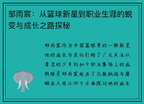 邹雨宸：从篮球新星到职业生涯的蜕变与成长之路探秘